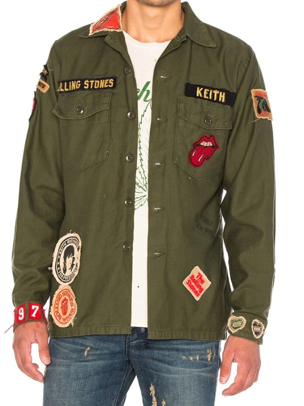 Madeworn Rolling Stones Keith Patch Military Jacket Olive Green XL